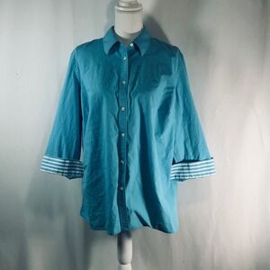 Lauren Ralph Lauren Turquoise Blue Cotton Button Down Shirt 3/4 Striped Cuff 1X